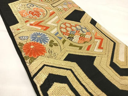 平和屋着物◎六通柄袋帯 唐織 花丸文 黒地 金銀糸 正絹 逸品 AABI1081yx