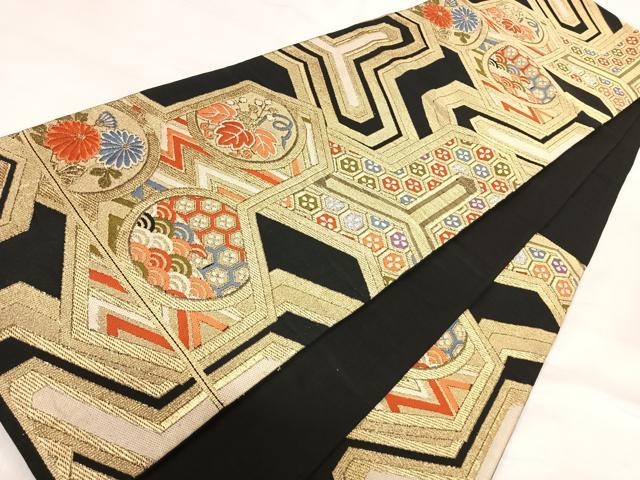 平和屋着物◎六通柄袋帯　唐織　花丸文　黒地　金銀糸　正絹　逸品　AABI1081yx 平和屋着物◎六通柄袋帯 唐織 花丸文 黒地 金銀糸 正絹 逸品