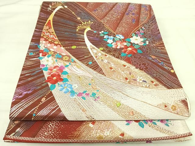 平和屋着物◎両面六通柄袋帯　唐織　孔雀花文　金銀糸　正絹　逸品　AABI1092yx