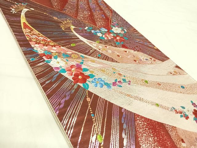 平和屋着物◎両面六通柄袋帯　唐織　孔雀花文　金銀糸　正絹　逸品　AABI1092yx
