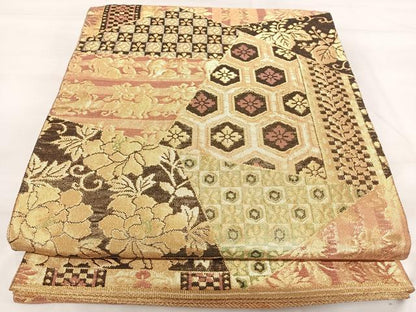 平和屋着物◎佐賀錦　六通柄袋帯　切嵌花文　金糸　正絹　逸品　AABI1093yx