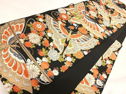 平和屋着物◎六通柄袋帯　唐織　花蝶文　黒地　金銀糸　正絹　逸品　AABI1094yx