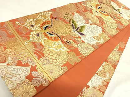 平和屋着物◎六通柄袋帯　唐織　花蝶文　金銀糸　正絹　逸品　AABI1095yx