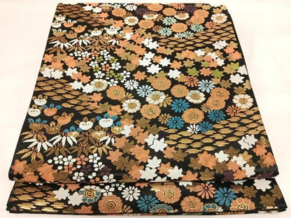 平和屋着物◎六通柄袋帯　唐織　能裳　草花文　黒地　金糸　正絹　逸品　AABI1096yx