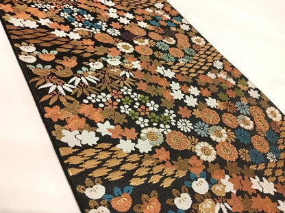 平和屋着物◎六通柄袋帯　唐織　能裳　草花文　黒地　金糸　正絹　逸品　AABI1096yx