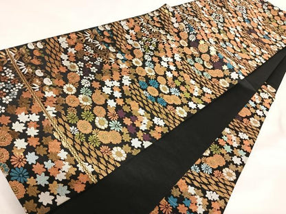 平和屋着物◎六通柄袋帯　唐織　能裳　草花文　黒地　金糸　正絹　逸品　AABI1096yx