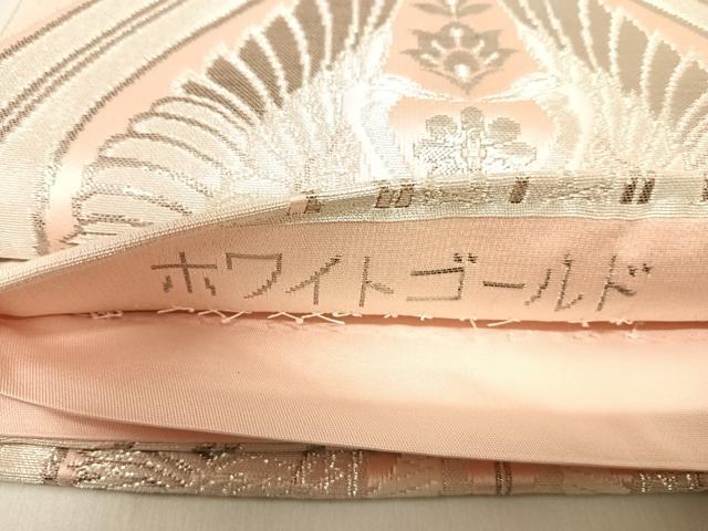 平和屋着物◎六通柄袋帯　唐織　ホワイトゴールド　向かい鶴　銀糸　正絹　逸品　AABI1098yx