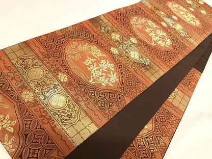 平和屋着物◎六通柄袋帯　横段花文　金糸　正絹　逸品　AABI1106yx