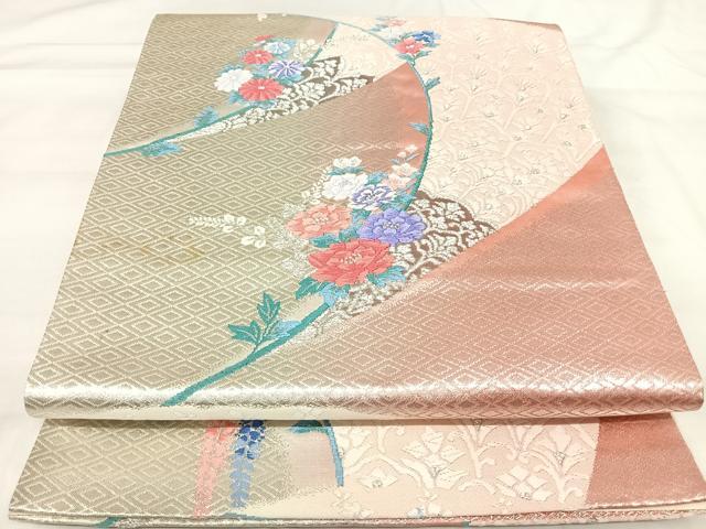 平和屋着物◎六通柄袋帯　唐織　草花文　プラチナ二重箔　正絹　逸品　AABI1109yx