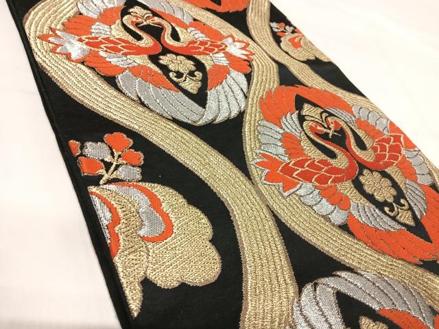 平和屋着物◎六通柄袋帯　唐織　双鶴花文　黒地　金銀糸　正絹　逸品　AABI1110yx