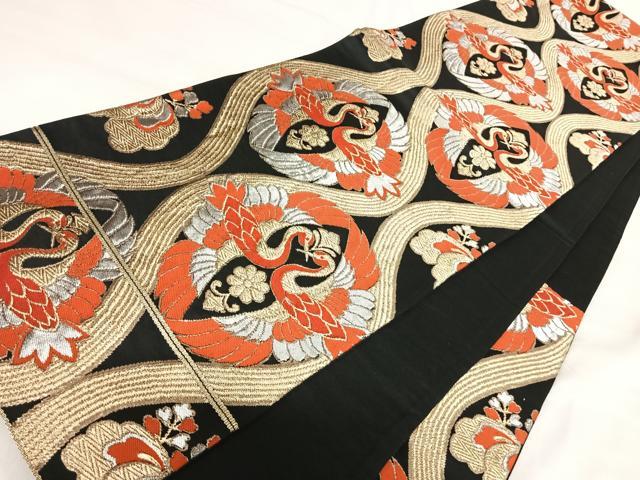 平和屋着物◎六通柄袋帯　唐織　双鶴花文　黒地　金銀糸　正絹　逸品　AABI1110yx