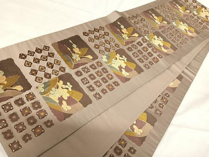 平和屋着物◎六通柄袋帯 唐織 色紙花文 金糸 正絹 逸品 AABI1112yx