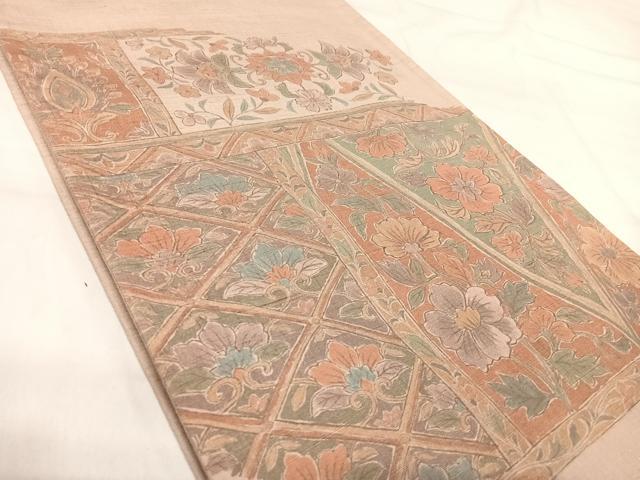 平和屋着物◎太鼓柄袋帯 紬地 花唐草文 正絹 逸品 AABI1114yx
