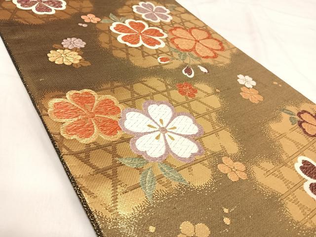 平和屋着物◎佐賀錦 六通柄袋帯 草花文 金糸 正絹 逸品 AABI1115yx