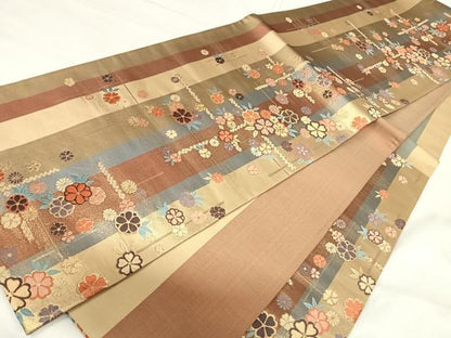 平和屋着物◎六通柄袋帯 唐織 草花文 金糸 正絹 逸品 AABI1118yx