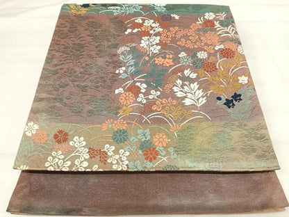 平和屋着物◎西陣 六通柄袋帯 唐織 草花文 銀糸 正絹 逸品 AABI1125yx