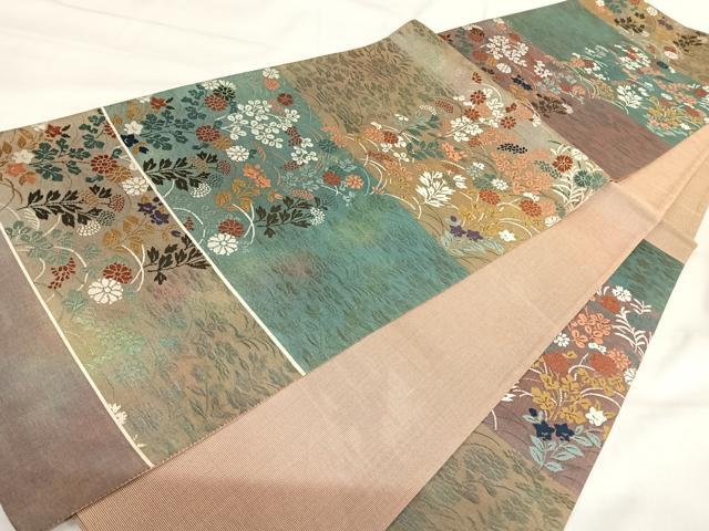 平和屋着物◎西陣 六通柄袋帯 唐織 草花文 銀糸 正絹 逸品 AABI1125yx