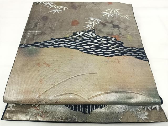 平和屋着物◎六通柄袋帯　笹竹文　銀糸　正絹　逸品　AABI1129yx