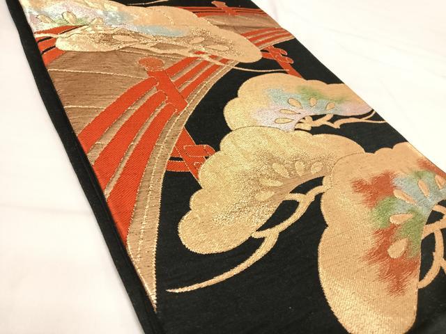 平和屋着物◎六通柄袋帯　唐織　松　黒地　金糸　正絹　逸品　AABI1134yx