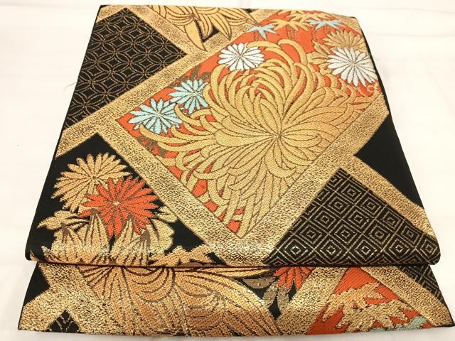 平和屋着物◎六通柄袋帯　唐織　草花文　黒地　金糸　正絹　逸品　AABI1140yx