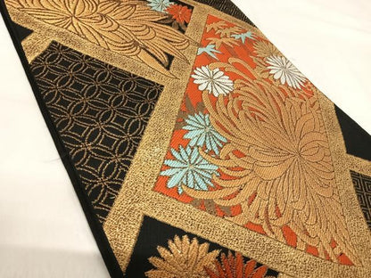 平和屋着物◎六通柄袋帯　唐織　草花文　黒地　金糸　正絹　逸品　AABI1140yx