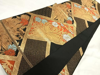 平和屋着物◎六通柄袋帯　唐織　草花文　黒地　金糸　正絹　逸品　AABI1140yx
