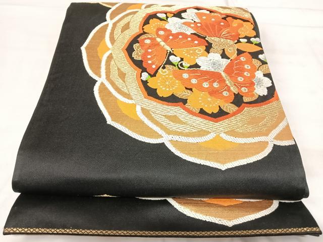 平和屋着物◎六通柄袋帯　唐織　花蝶文　黒地　金銀糸　正絹　逸品　AABI1142yx