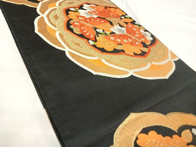 平和屋着物◎六通柄袋帯　唐織　花蝶文　黒地　金銀糸　正絹　逸品　AABI1142yx