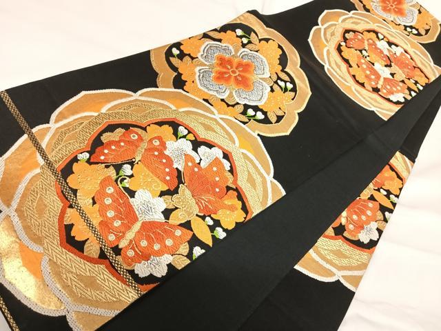 平和屋着物◎六通柄袋帯　唐織　花蝶文　黒地　金銀糸　正絹　逸品　AABI1142yx