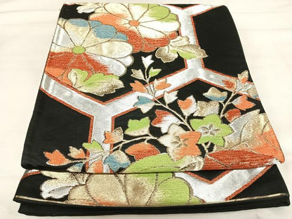 平和屋着物◎六通柄袋帯　亀甲花文　黒地　金銀糸　正絹　逸品　AABI1147yx