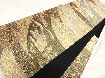 平和屋着物◎六通柄袋帯　唐織　金閣寺　紫峰水明　金糸　正絹　逸品　AABI1150yx