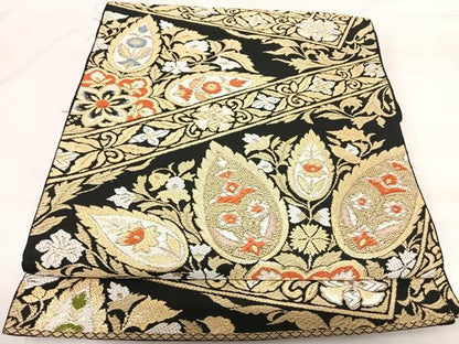 平和屋着物◎六通柄京袋帯　唐織　飾花文　黒地　金糸　正絹　逸品　AABI1152yx
