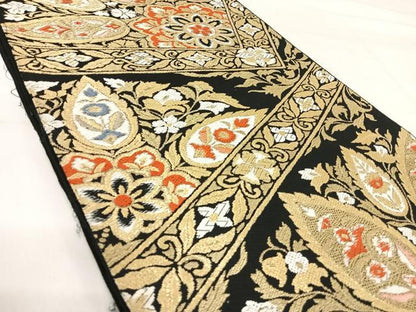 平和屋着物◎六通柄京袋帯　唐織　飾花文　黒地　金糸　正絹　逸品　AABI1152yx
