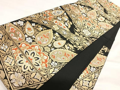 平和屋着物◎六通柄京袋帯　唐織　飾花文　黒地　金糸　正絹　逸品　AABI1152yx