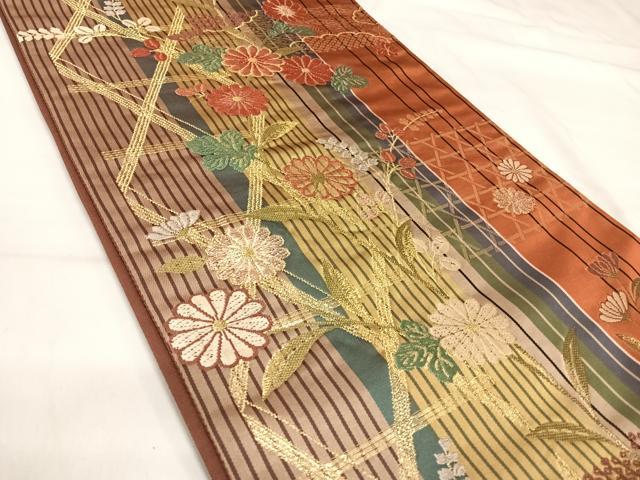 平和屋着物◎六通柄袋帯　唐織　花籠目文　金糸　正絹　逸品　AABI1153yx