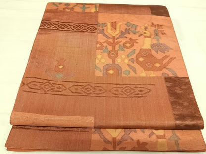 平和屋着物◎六通柄袋帯　色紙花鳥文　金糸　正絹　逸品　AABI1167yx