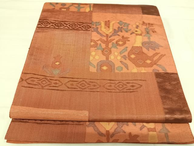 平和屋着物◎六通柄袋帯　色紙花鳥文　金糸　正絹　逸品　AABI1167yx