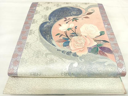 平和屋着物◎太鼓柄袋帯 刺繍 花唐草文 金銀糸 引箔 正絹 逸品 AABI1169yx