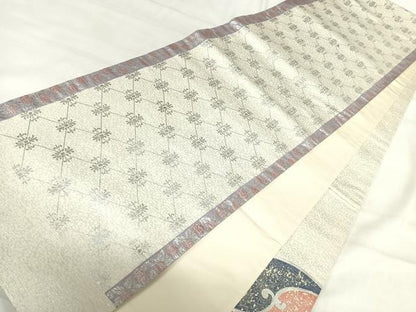 平和屋着物◎太鼓柄袋帯 刺繍 花唐草文 金銀糸 引箔 正絹 逸品 AABI1169yx