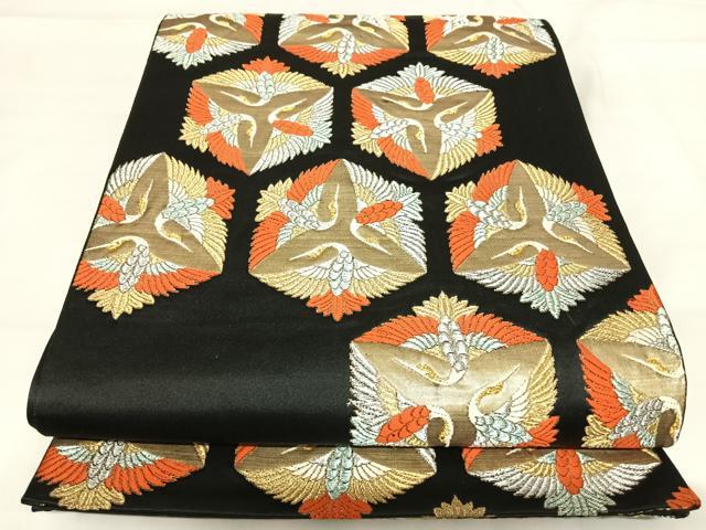 平和屋着物◎六通柄袋帯　唐織　飛鶴文　黒地　金銀糸　正絹　逸品　AABI1171yx