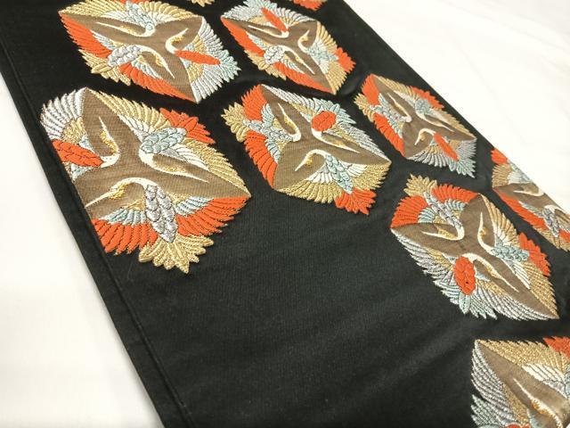 平和屋着物◎六通柄袋帯　唐織　飛鶴文　黒地　金銀糸　正絹　逸品　AABI1171yx