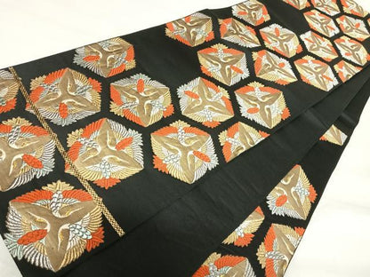 平和屋着物◎六通柄袋帯　唐織　飛鶴文　黒地　金銀糸　正絹　逸品　AABI1171yx