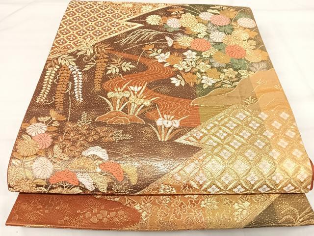 平和屋着物◎六通柄袋帯　唐織　流水花文　金銀糸　正絹　逸品　AABI1176yx