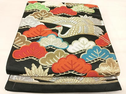 平和屋着物◎六通柄袋帯　唐織　どんす　飛鶴松文　黒地　金銀糸　正絹　逸品　AABI1178yx