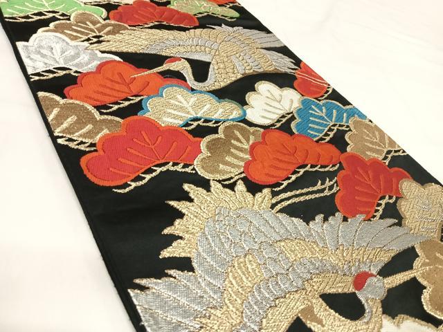 平和屋着物◎六通柄袋帯　唐織　どんす　飛鶴松文　黒地　金銀糸　正絹　逸品　AABI1178yx