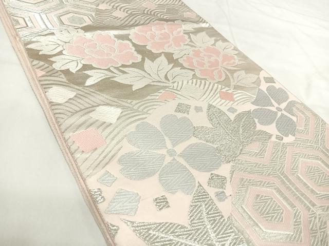 平和屋着物◎六通柄袋帯　唐織　流水花文　銀糸　正絹　逸品　AABI1187yx