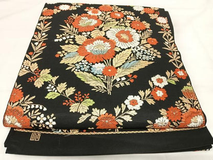平和屋着物◎六通柄袋帯 唐織 花菱文 黒地 金糸 正絹 逸品 AABI1188yx