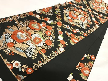 平和屋着物◎六通柄袋帯 唐織 花菱文 黒地 金糸 正絹 逸品 AABI1188yx