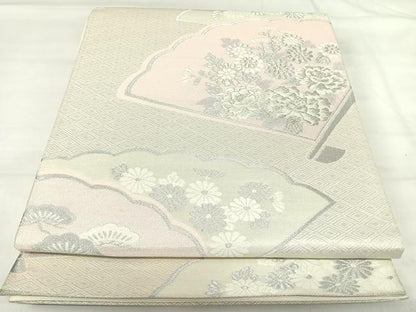 平和屋着物◎六通柄袋帯 唐織 扇面花文 銀糸 正絹 逸品 AABI1193yx