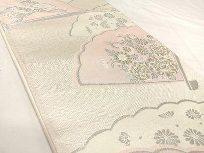 平和屋着物◎六通柄袋帯 唐織 扇面花文 銀糸 正絹 逸品 AABI1193yx